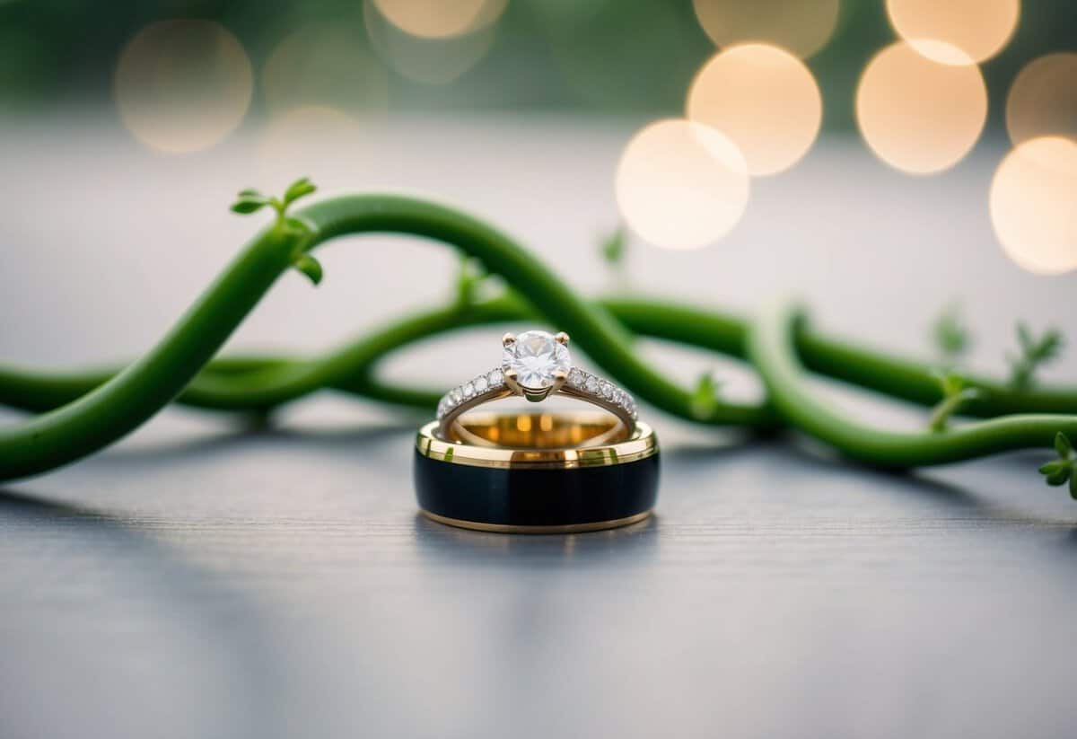 A ring on a table, surrounded by two intertwined vines