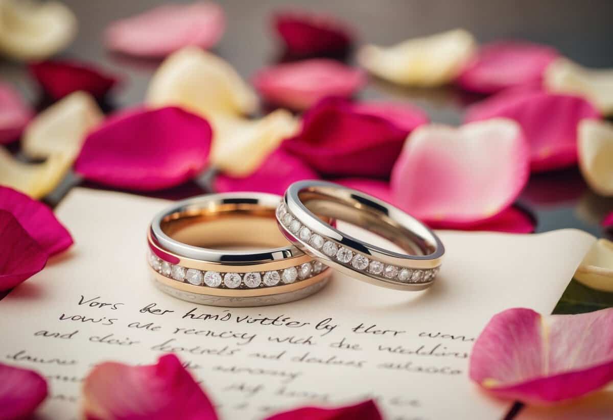 A couple's intertwined rings resting on a bed of rose petals, with their handwritten vows placed delicately beside them