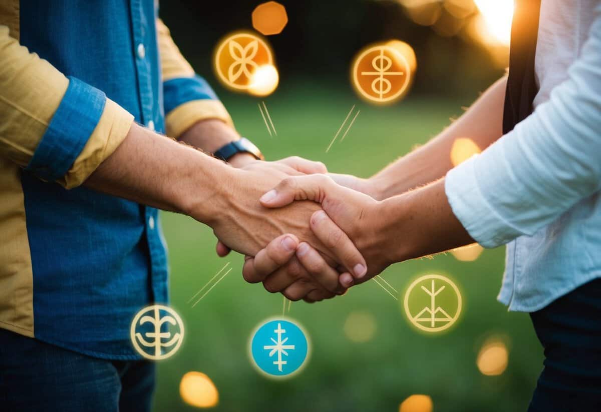A couple holding hands, surrounded by symbols of harmony and balance