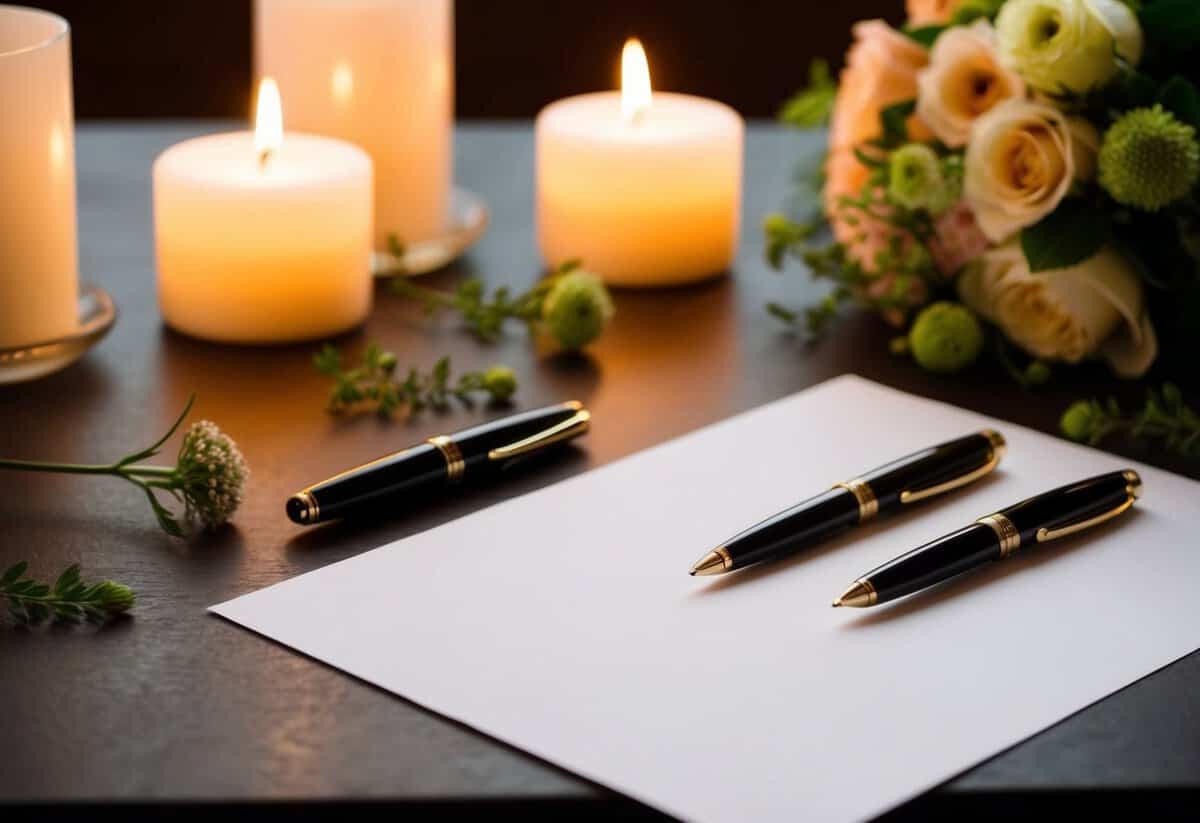 A table set with two elegant pens and a blank sheet of paper, surrounded by soft candlelight and a bouquet of fresh flowers