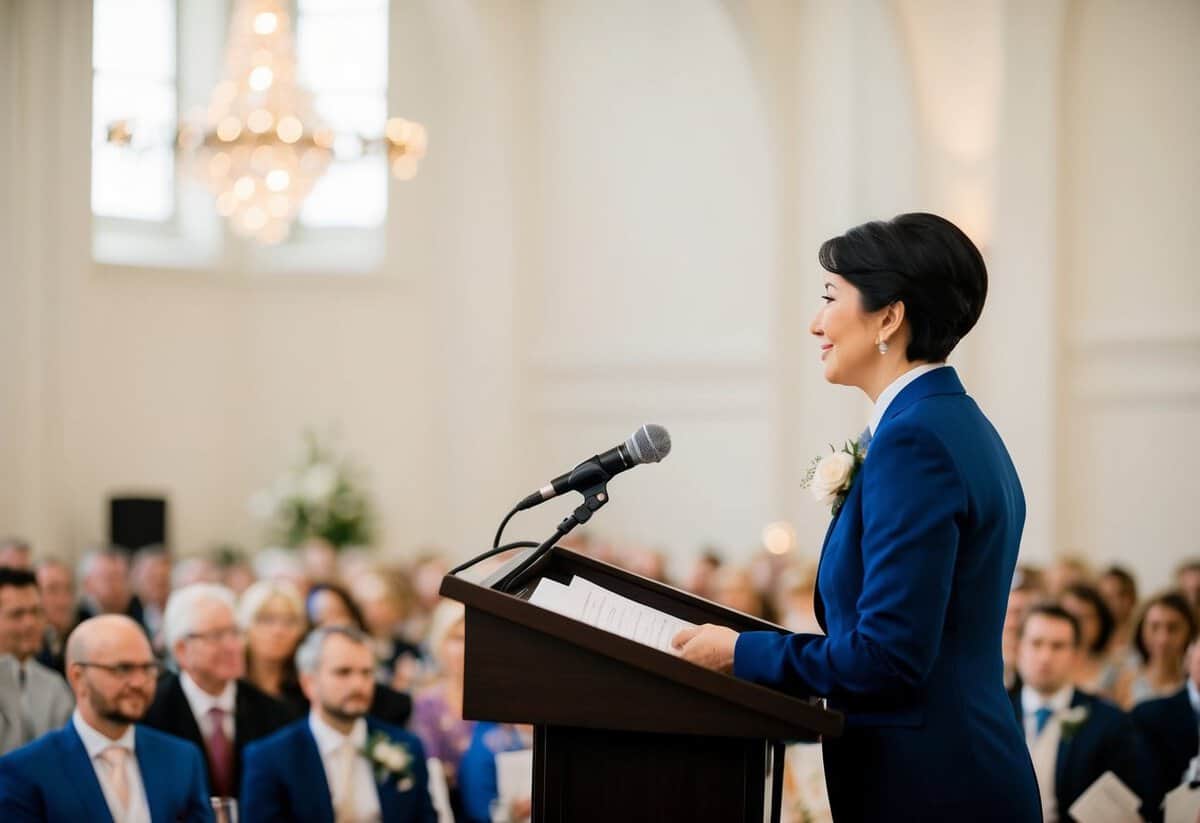 A person standing at a podium, looking out at an audience. A wedding scene with a microphone and notes on a stand
