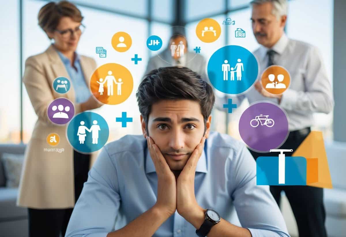 A person surrounded by family, friends, and career symbols, pondering marriage
