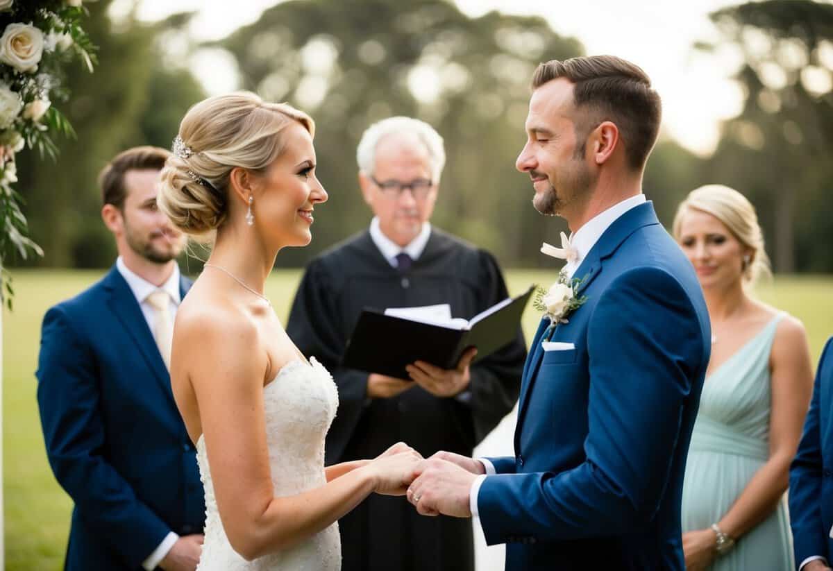 A bride and groom stand facing each other, exchanging vows before exchanging rings. The officiant presides over the ceremony with a serene and respectful demeanor