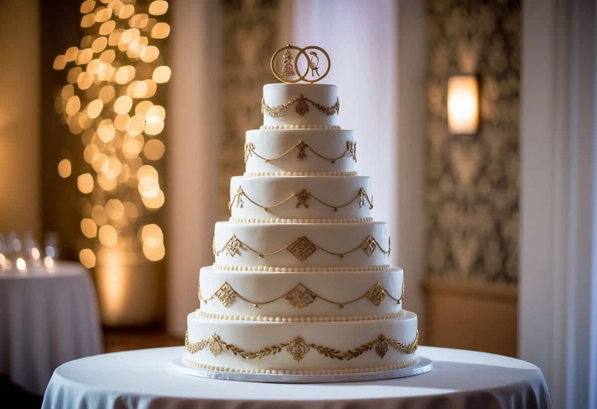 A wedding cake with 8 tiers, each adorned with intricate designs and symbols representing unity, eternity, and prosperity