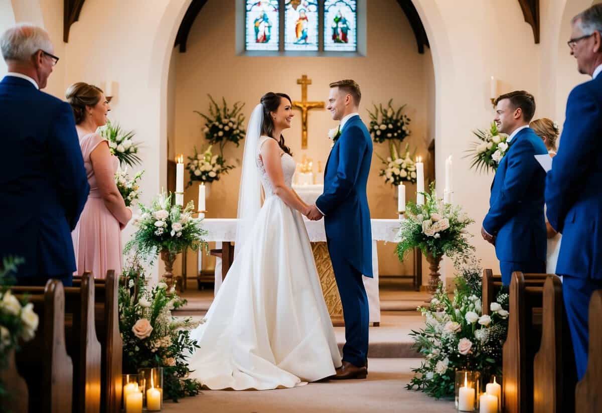 A bride and groom stand facing each other, surrounded by flowers and candles, as they exchange traditional wedding vows in a charming English church