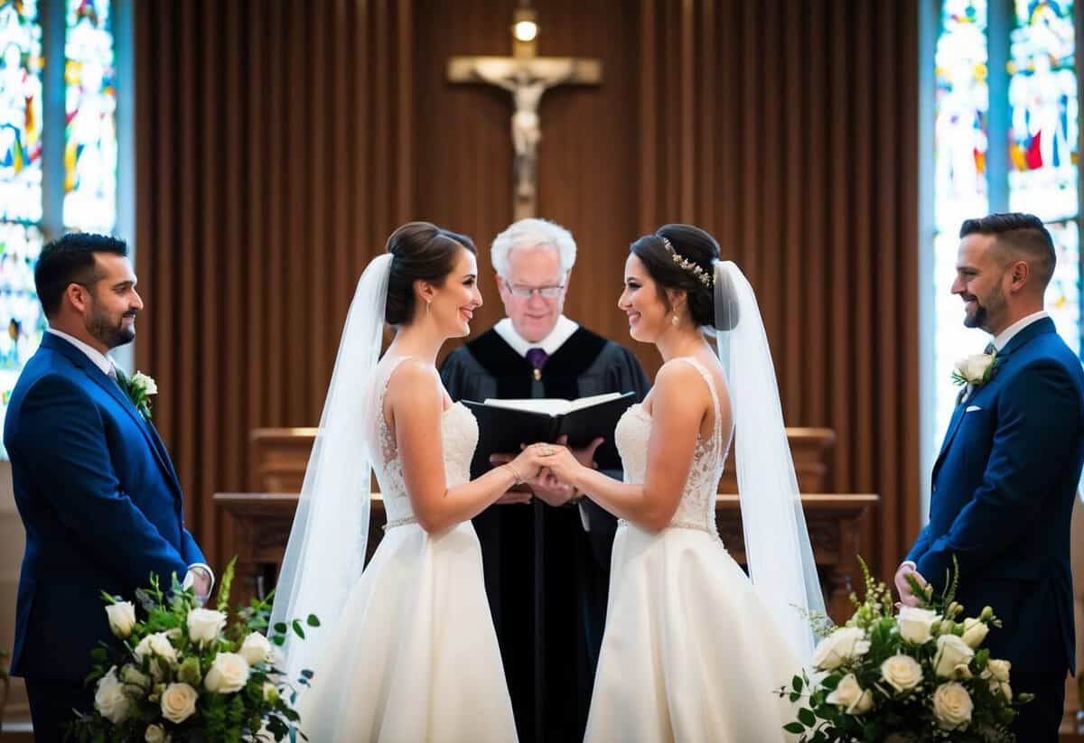 A bride and groom standing at the altar, facing each other, exchanging vows with the officiant presiding over the ceremony