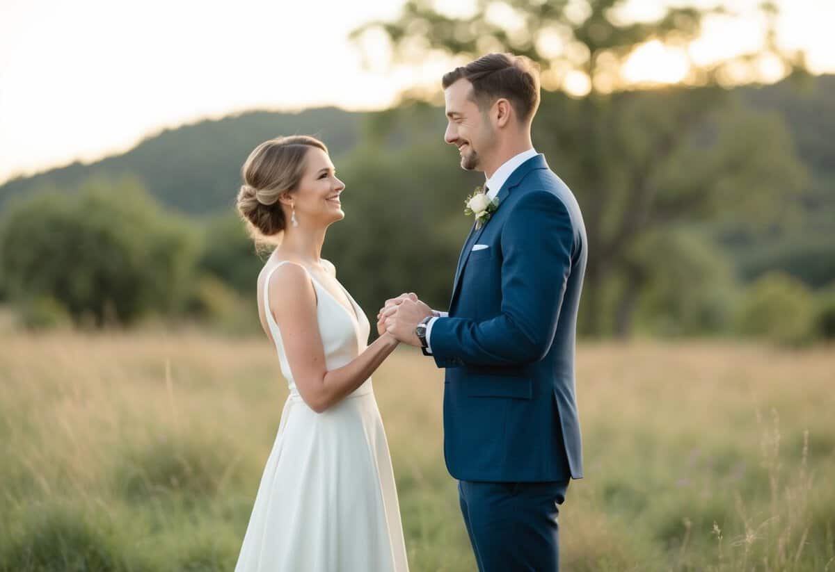 A couple standing together in a natural setting, exchanging vows with a modern, non-religious tone