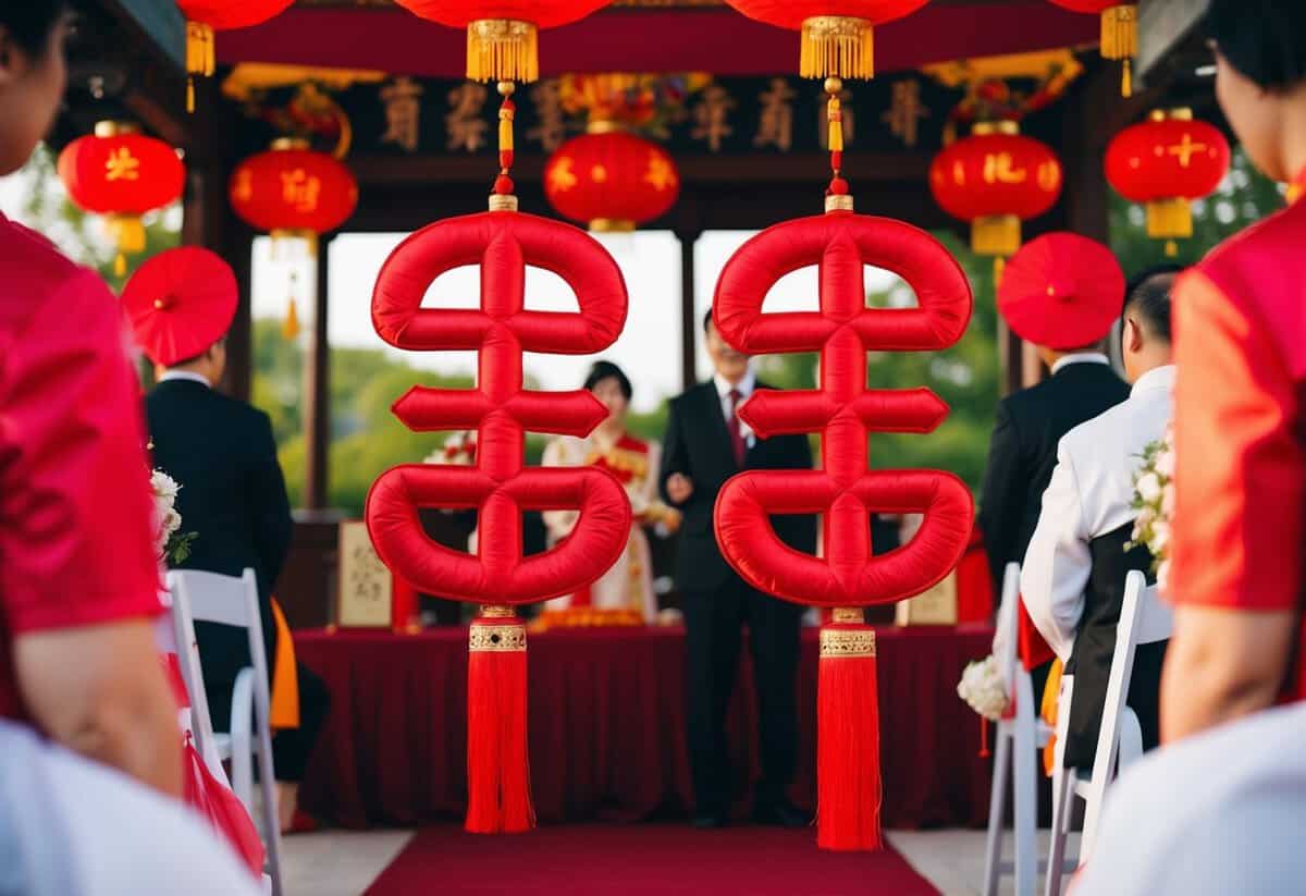 A traditional Chinese wedding ceremony with two red double happiness symbols, representing the significance of the number 8 in marriage