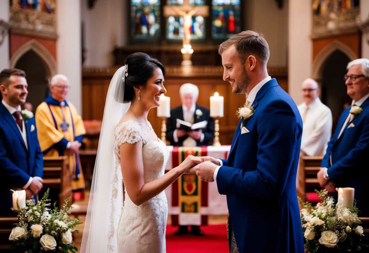A bride and groom standing at the altar, exchanging vows in a traditional British wedding ceremony. The scene is filled with cultural and religious symbolism
