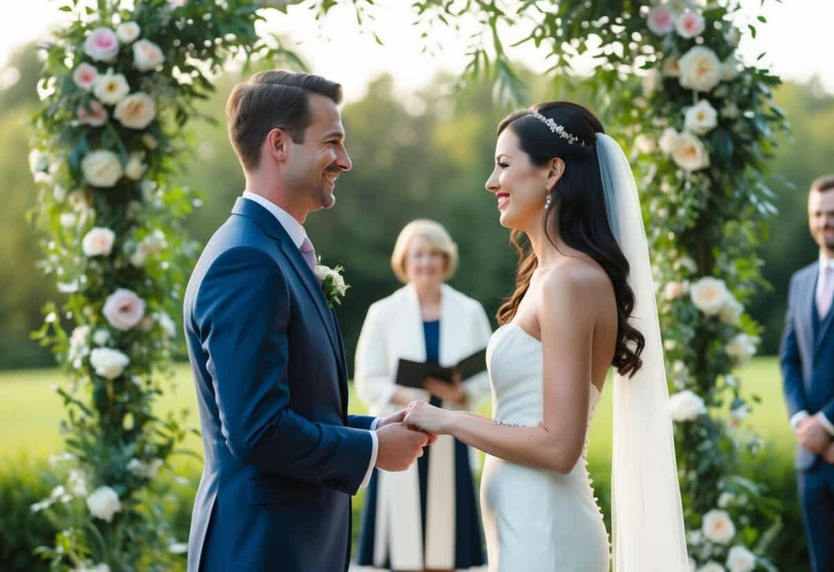 A modern wedding scene with a couple standing facing each other, surrounded by flowers and greenery, exchanging vows with a serene and joyful atmosphere