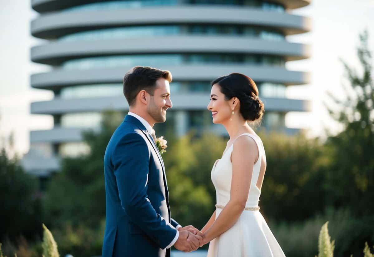 A couple standing facing each other, surrounded by nature or modern architecture, exchanging vows with sincerity and love