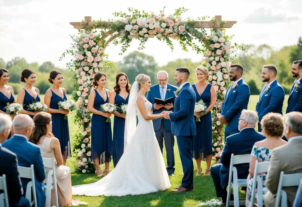 A beautiful outdoor wedding ceremony with a couple standing under a floral arch, surrounded by friends and family, exchanging heartfelt vows
