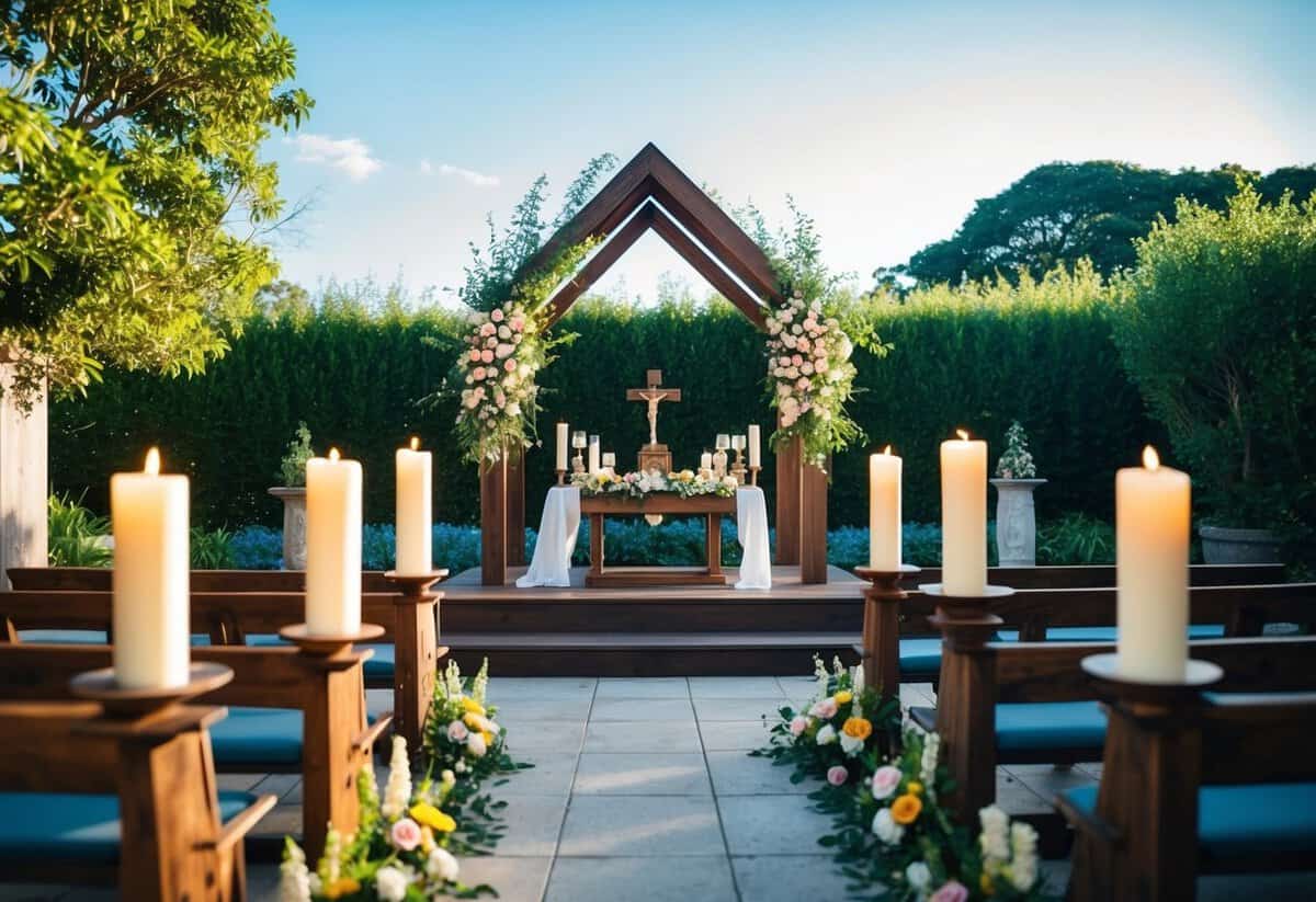 A serene outdoor setting with a wooden altar adorned with flowers and candles, surrounded by lush greenery and a clear blue sky