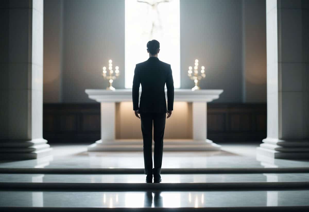 A figure stands alone in front of an altar, facing an empty space. The setting is serene, with soft lighting and a sense of anticipation in the air