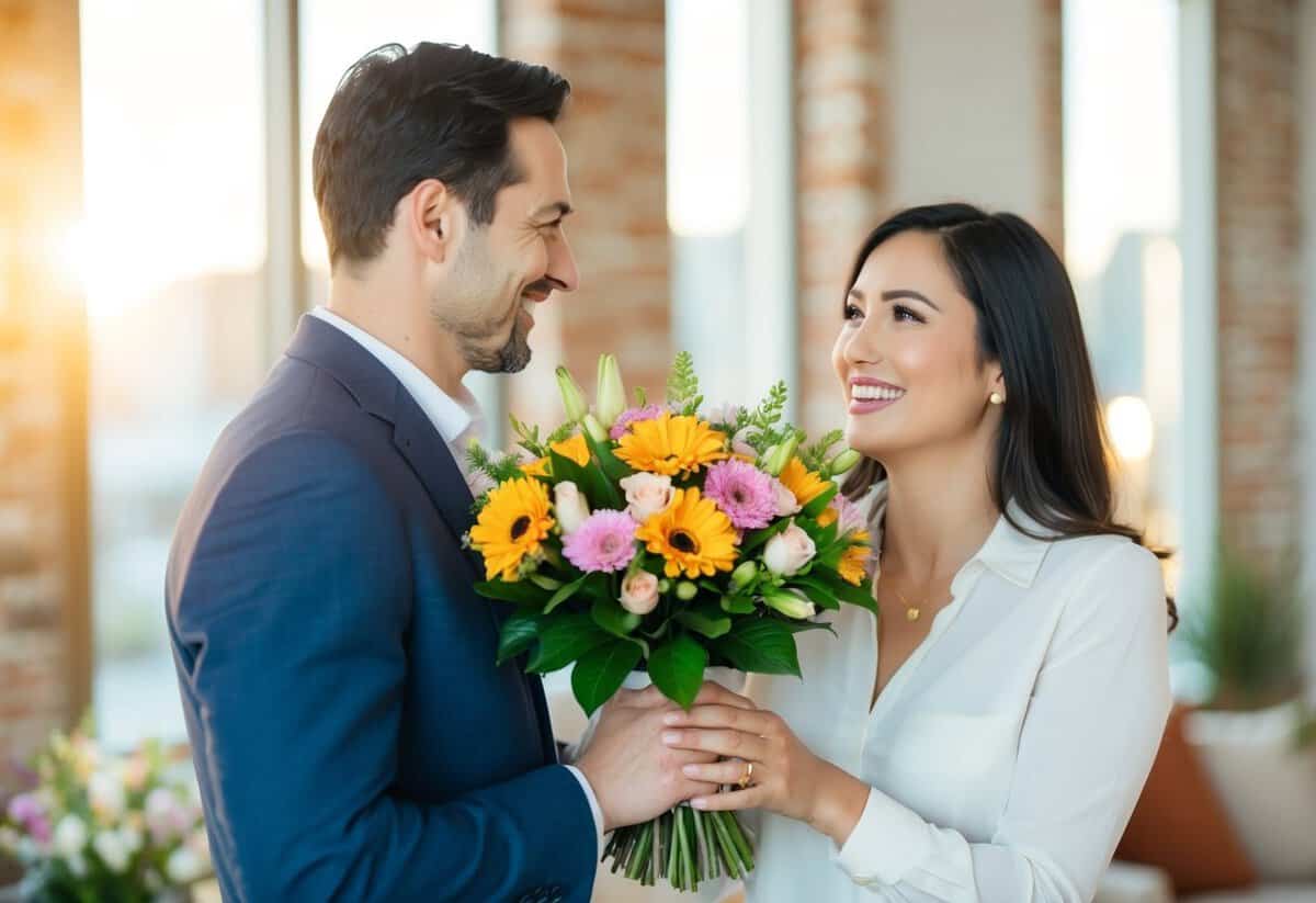 A husband presents his wife with a bouquet of her favorite flowers, smiling as she receives them with joy