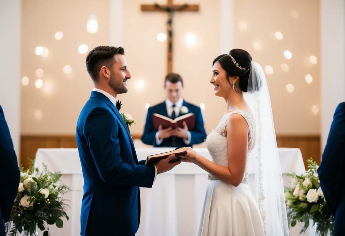 A bride and groom stand at the altar, facing each other. The groom holds a traditional vow book while the bride holds a personalized vow book