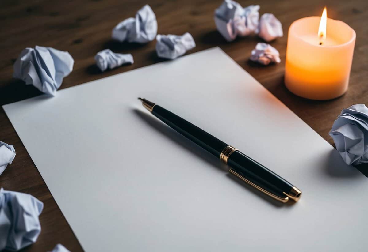 A pen poised over a blank sheet of paper, surrounded by scattered crumpled drafts and a flickering candle