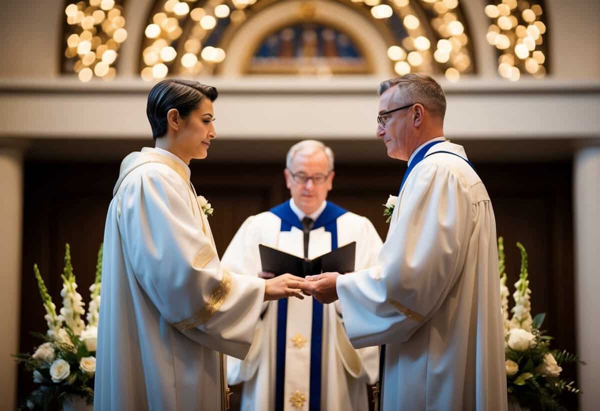 A figure stands before an officiant, exchanging vows in a ceremonial setting