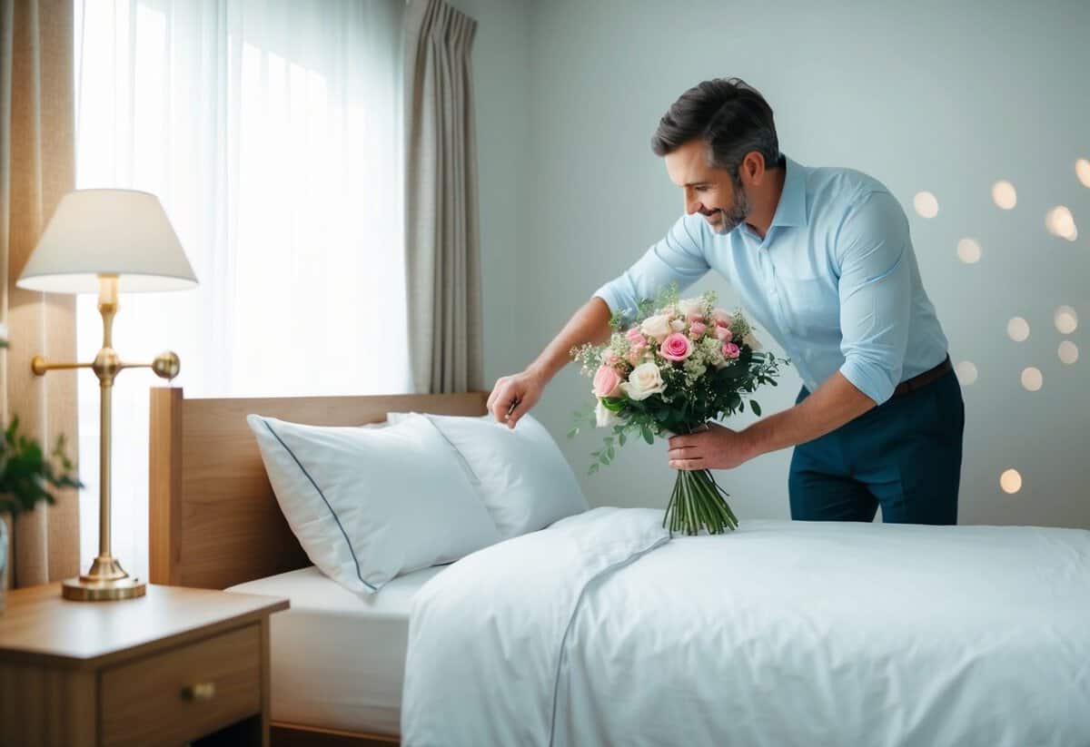 A husband tenderly placing a bouquet of flowers on his wife's bedside table