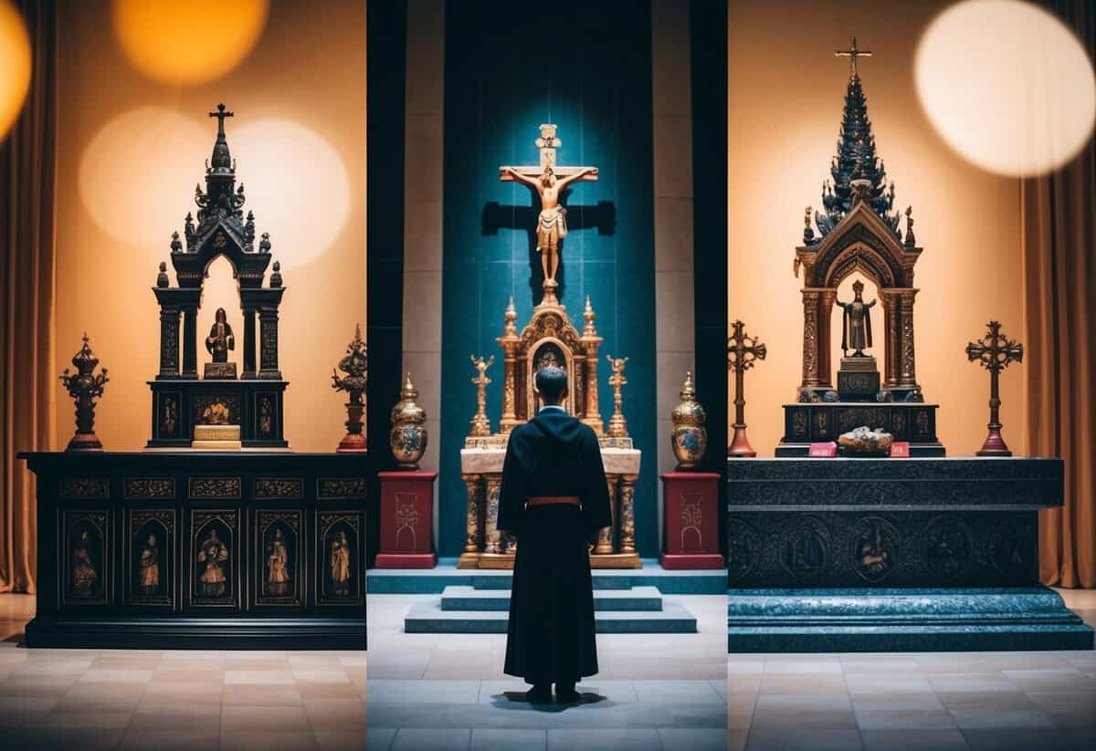 A figure stands before two distinct altars, each representing different cultural and religious influences