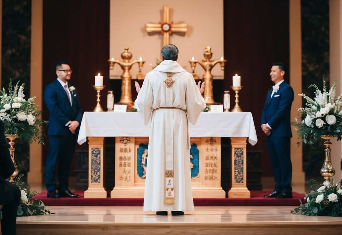 A figure stands before an altar adorned with symbolic objects, ready to speak vows