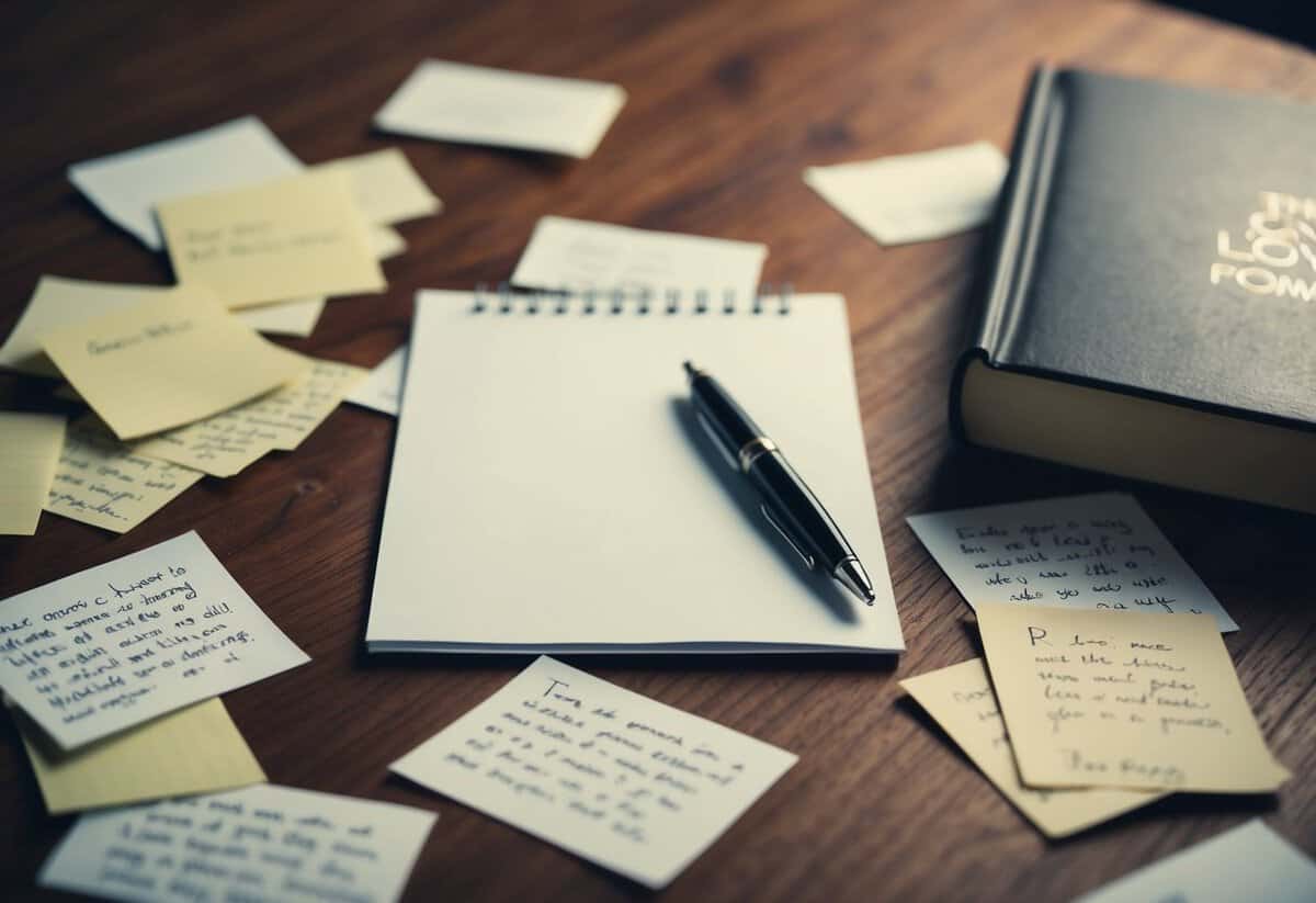 A pen and paper on a wooden desk, surrounded by scattered sheets of notes and a book of love poems