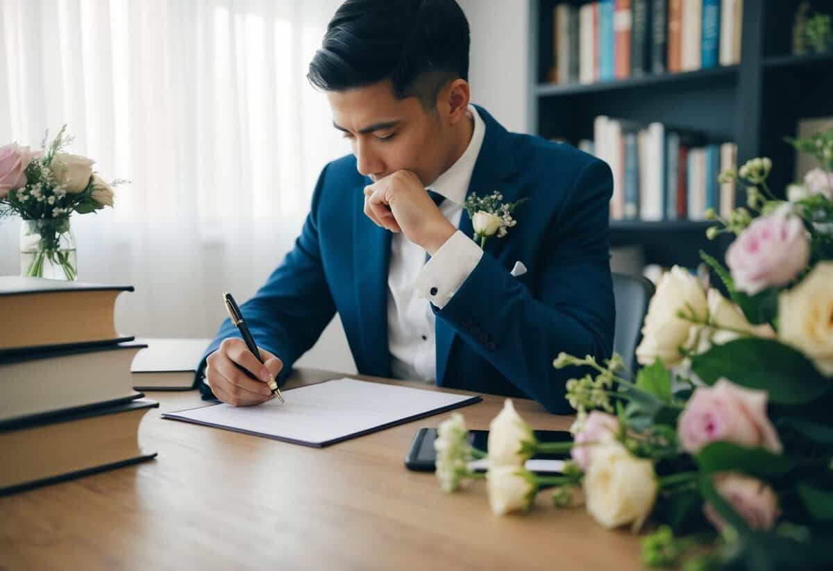 A person sits at a desk with a pen and paper, surrounded by books and flowers, deep in thought while preparing to write their wedding vows
