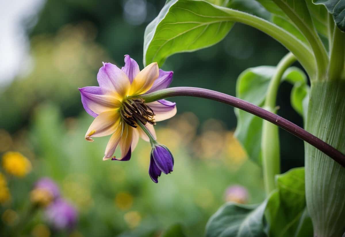 A wilting flower leaning heavily on a bent stem, overshadowed by a larger, dominant plant