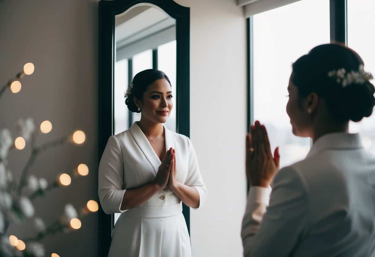 A person standing confidently in front of a mirror, practicing their wedding vows with determination and poise