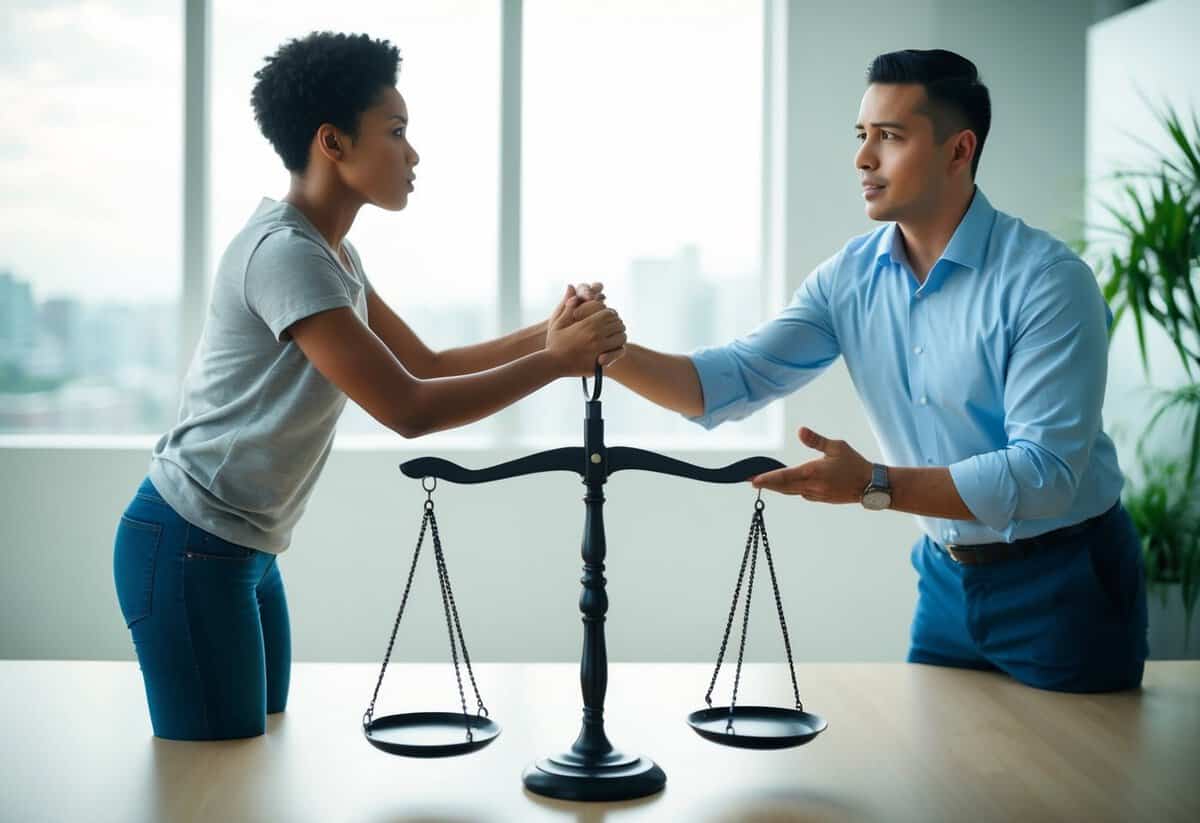 A person reaching out for help while standing on one side of an unbalanced scale, while a professional counselor offers support on the other side