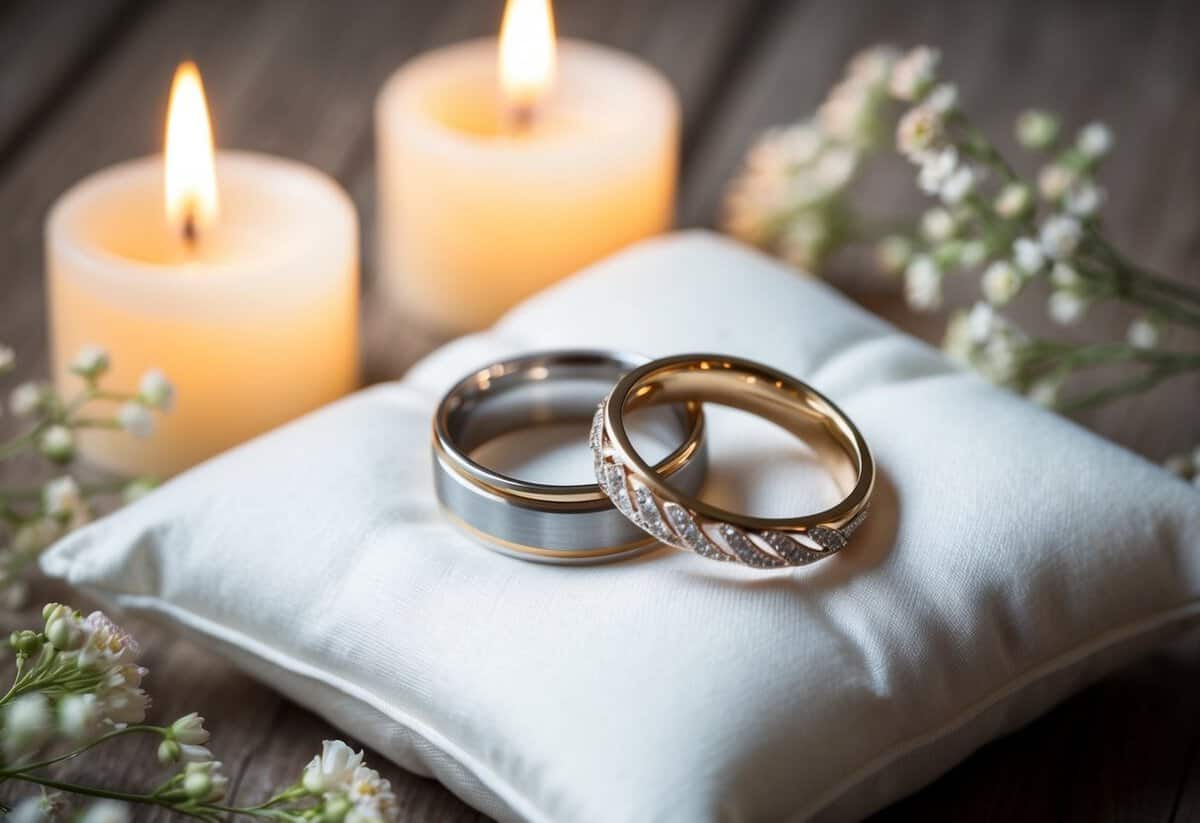 Two intertwined rings on a pillow, surrounded by delicate flowers and softly glowing candles