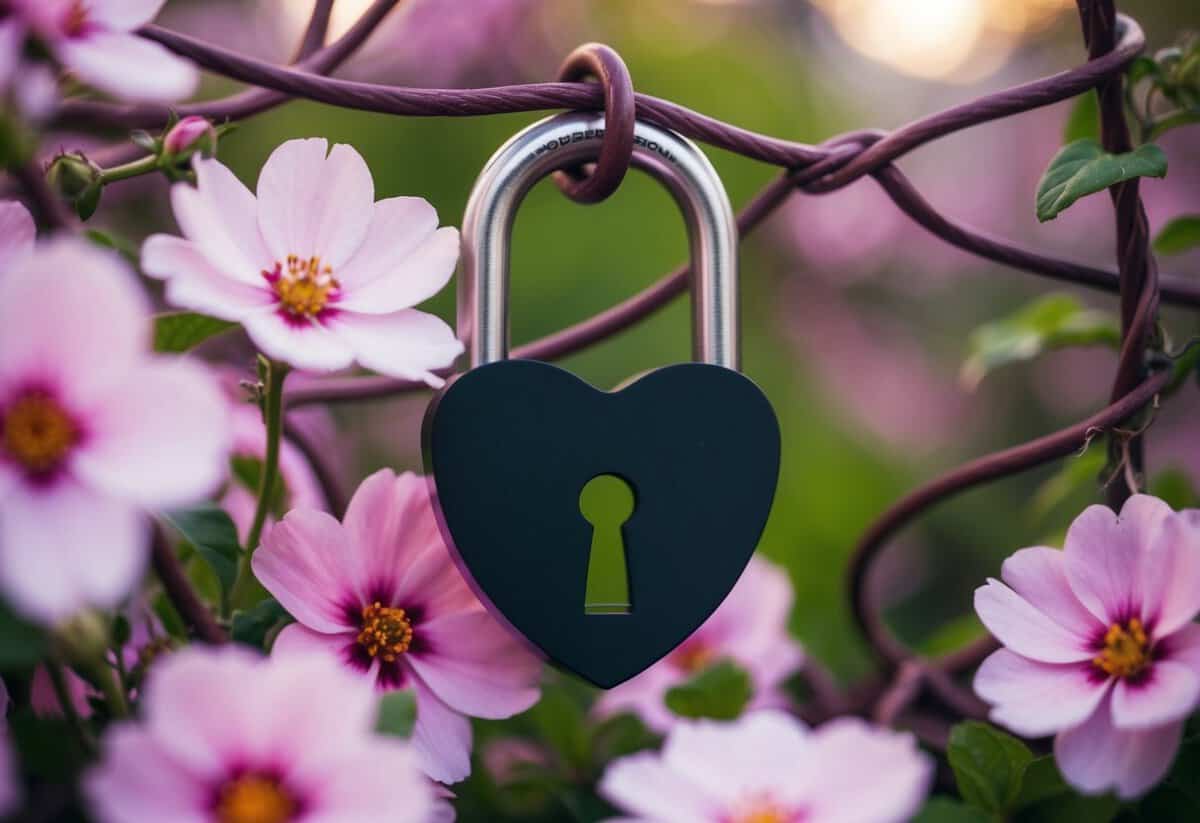 A heart-shaped lock with a keyhole, surrounded by blooming flowers and intertwined with vines