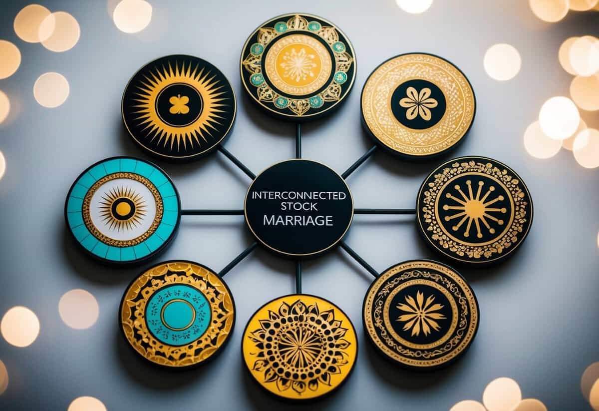 Seven interconnected circles representing cultural and regional variations in marriage, each adorned with unique symbols and patterns