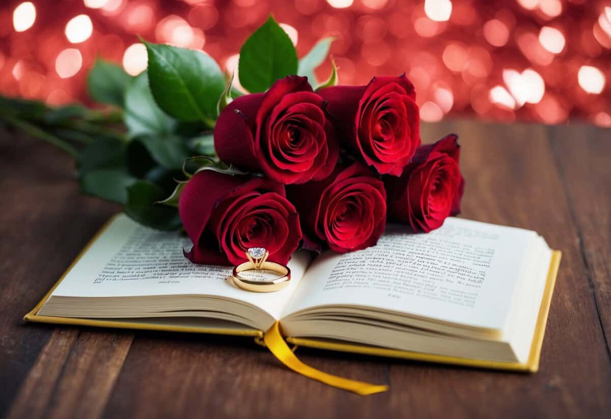 A bouquet of red roses and a golden ring placed on an open book of love poems
