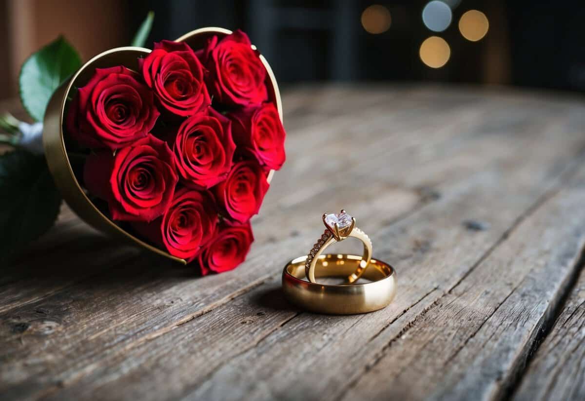 A heart-shaped bouquet of red roses and a gold wedding ring placed on a rustic wooden table