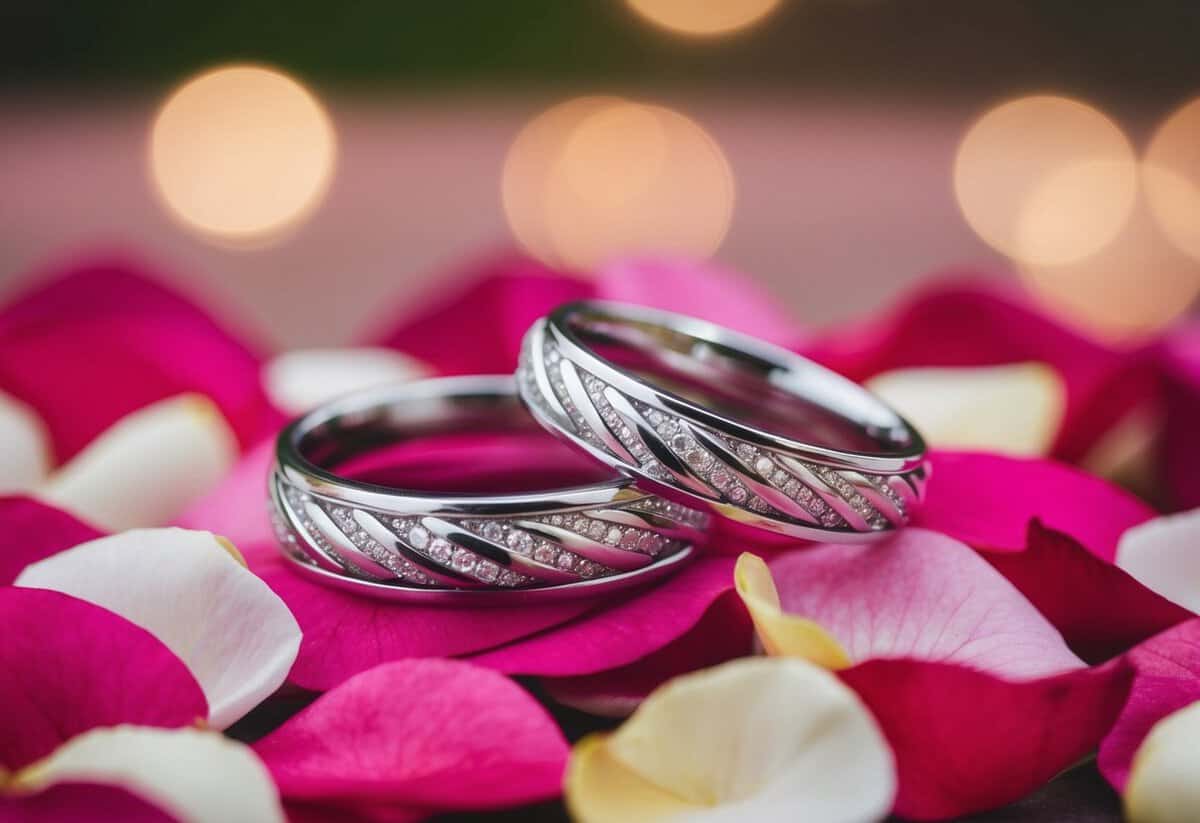 A pair of intertwined wedding rings resting on a bed of rose petals