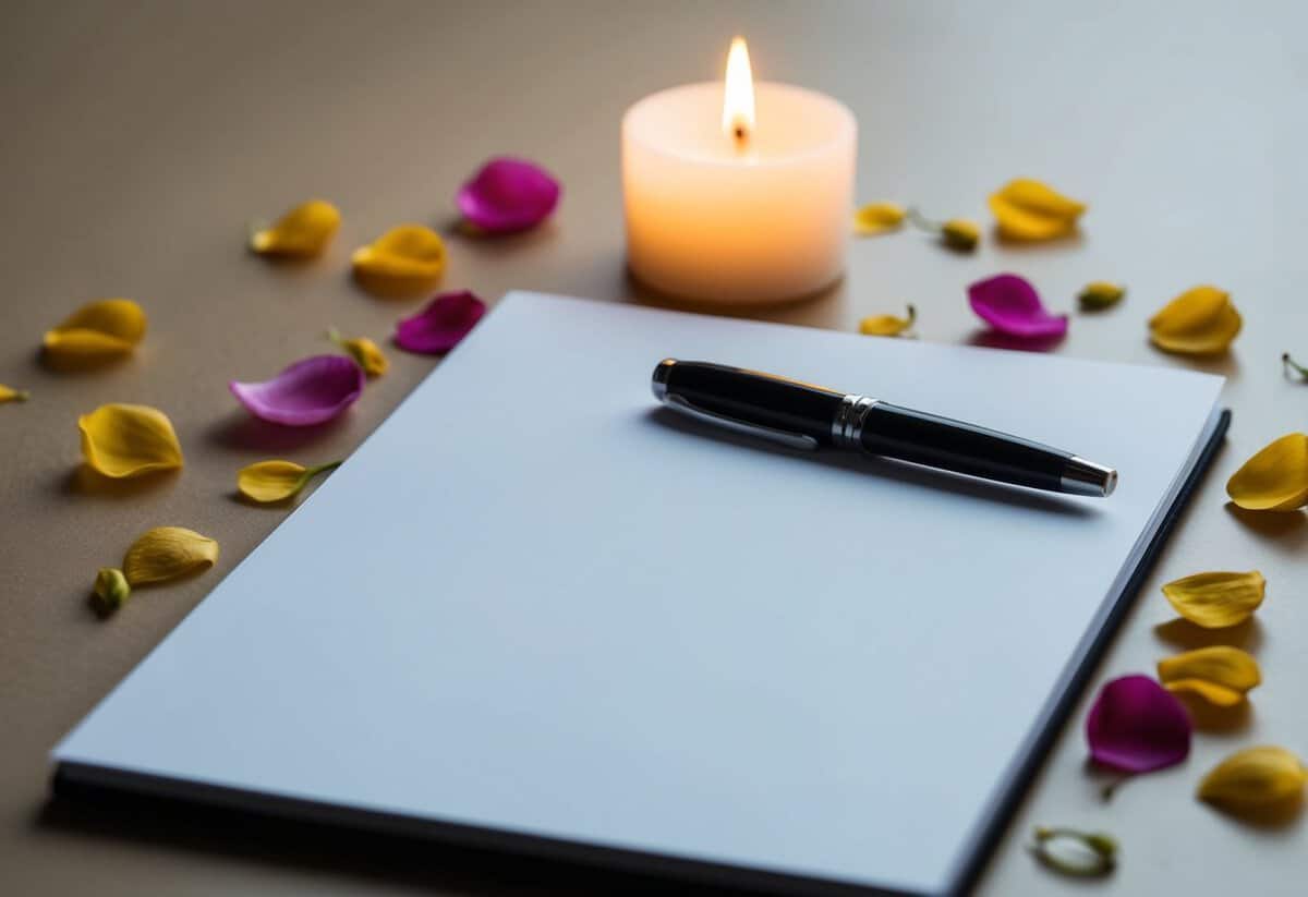 A blank page with a pen resting on top, surrounded by scattered petals and a softly glowing candle