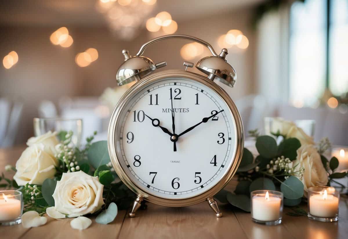 A clock set at 3 minutes, surrounded by wedding decor and a serene atmosphere