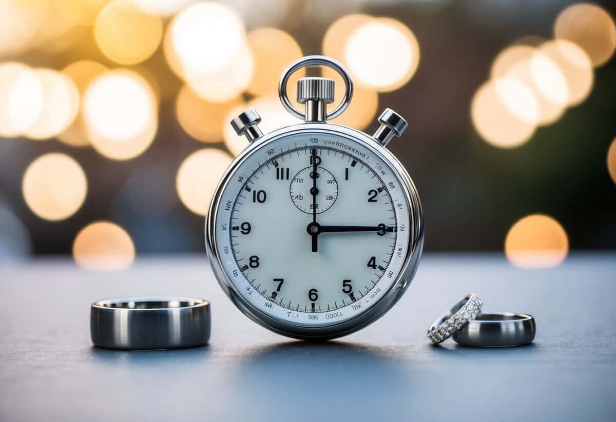 A stopwatch showing 3:00 with a pair of wedding rings next to it
