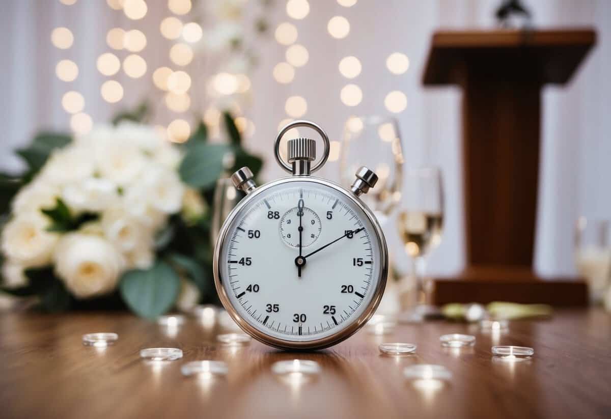 A stopwatch with the time set to 3 minutes, surrounded by wedding decor and a podium