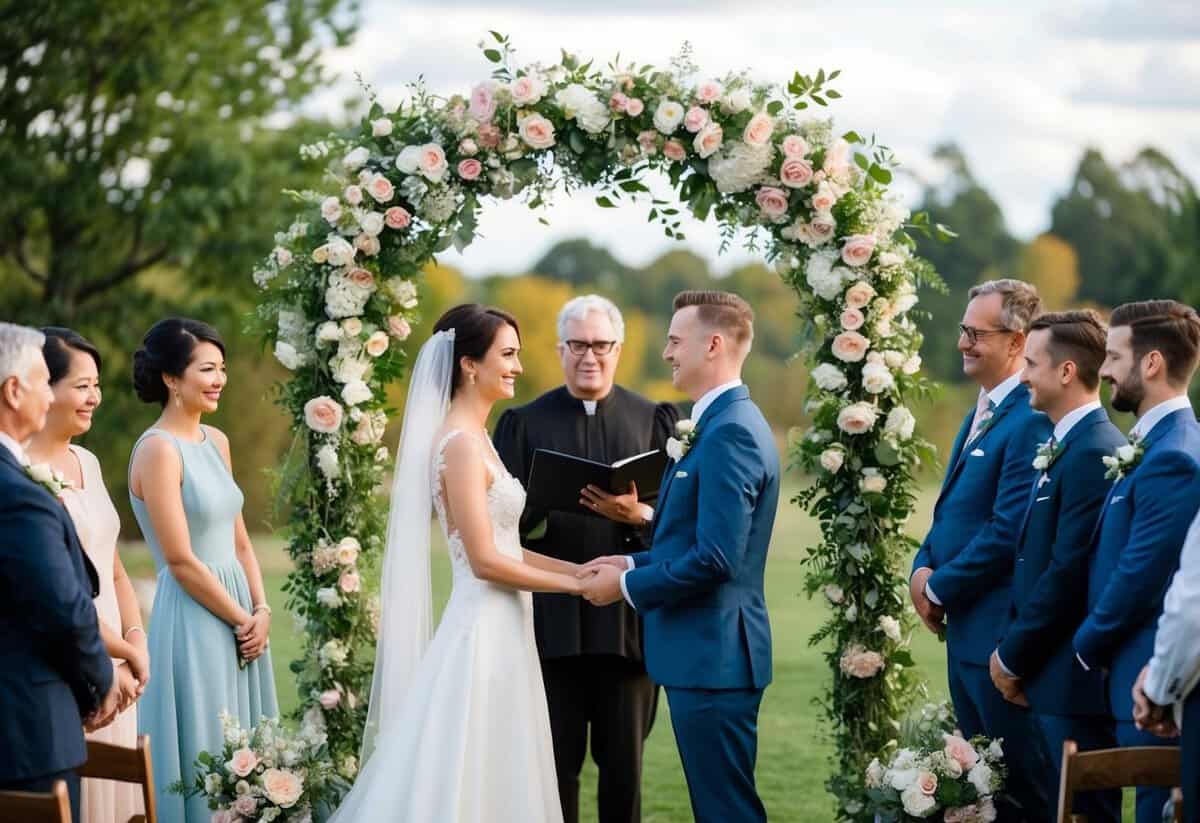 A couple stands facing each other under a floral arch, surrounded by friends and family. The officiant speaks as they exchange vows, framed by a picturesque outdoor setting