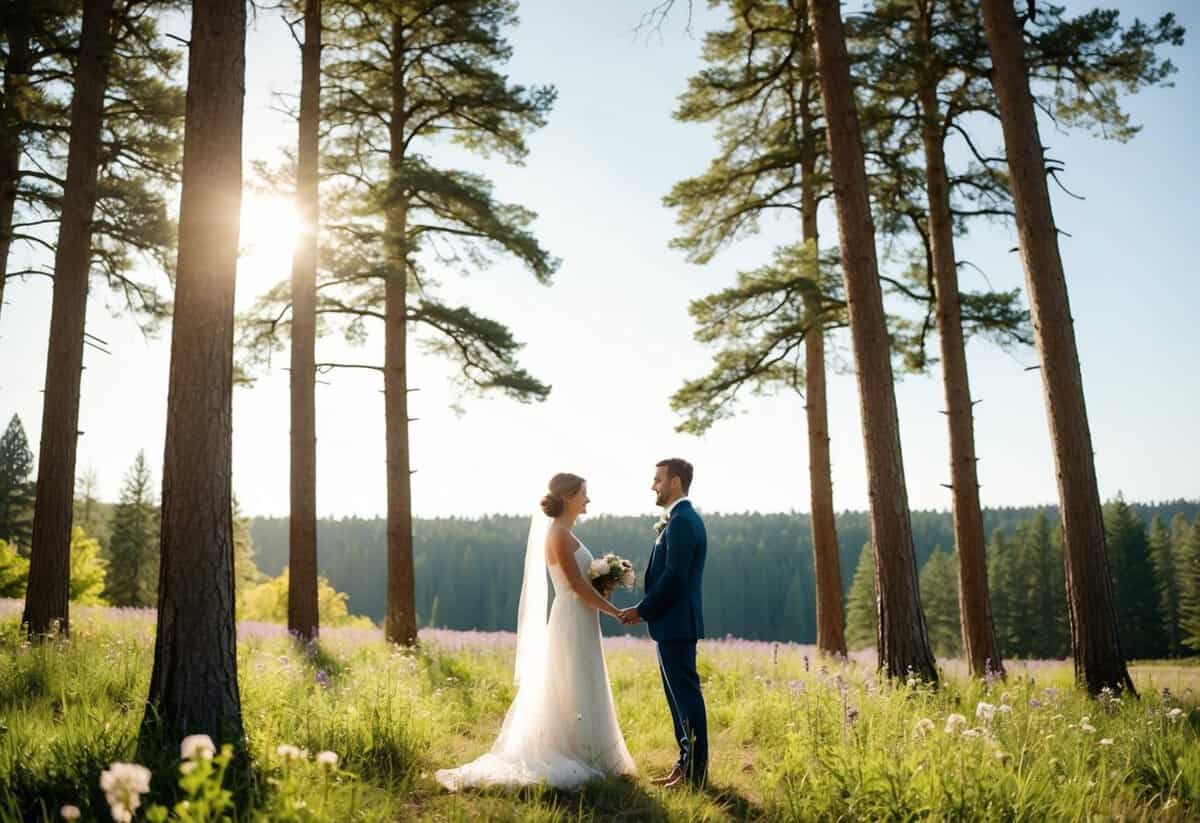A couple stands alone in a sunlit clearing, surrounded by tall trees and wildflowers, as they exchange their vows