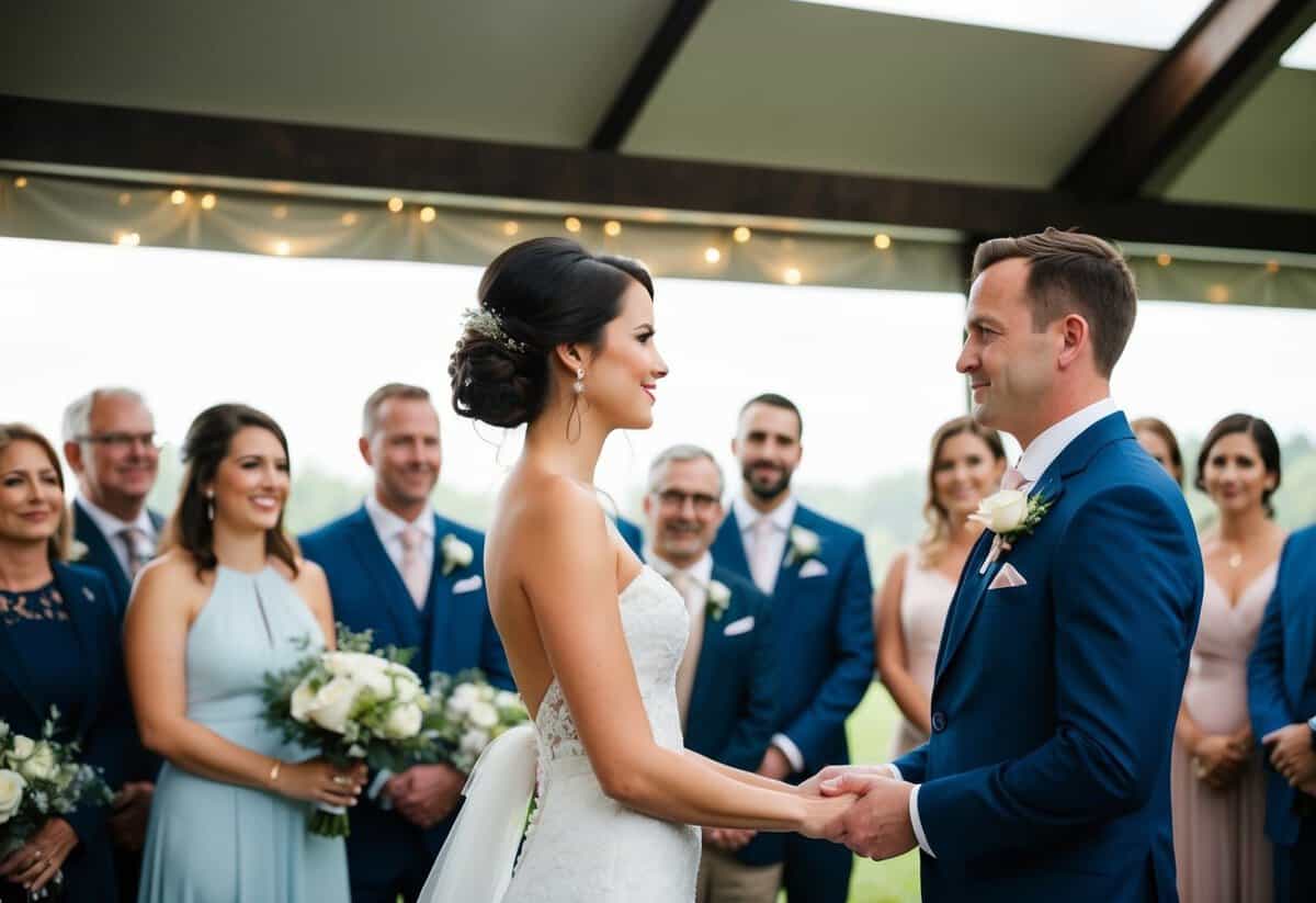 A woman stands facing a man, surrounded by friends and family. The atmosphere is filled with anticipation as she prepares to speak the words "I do" before the man does