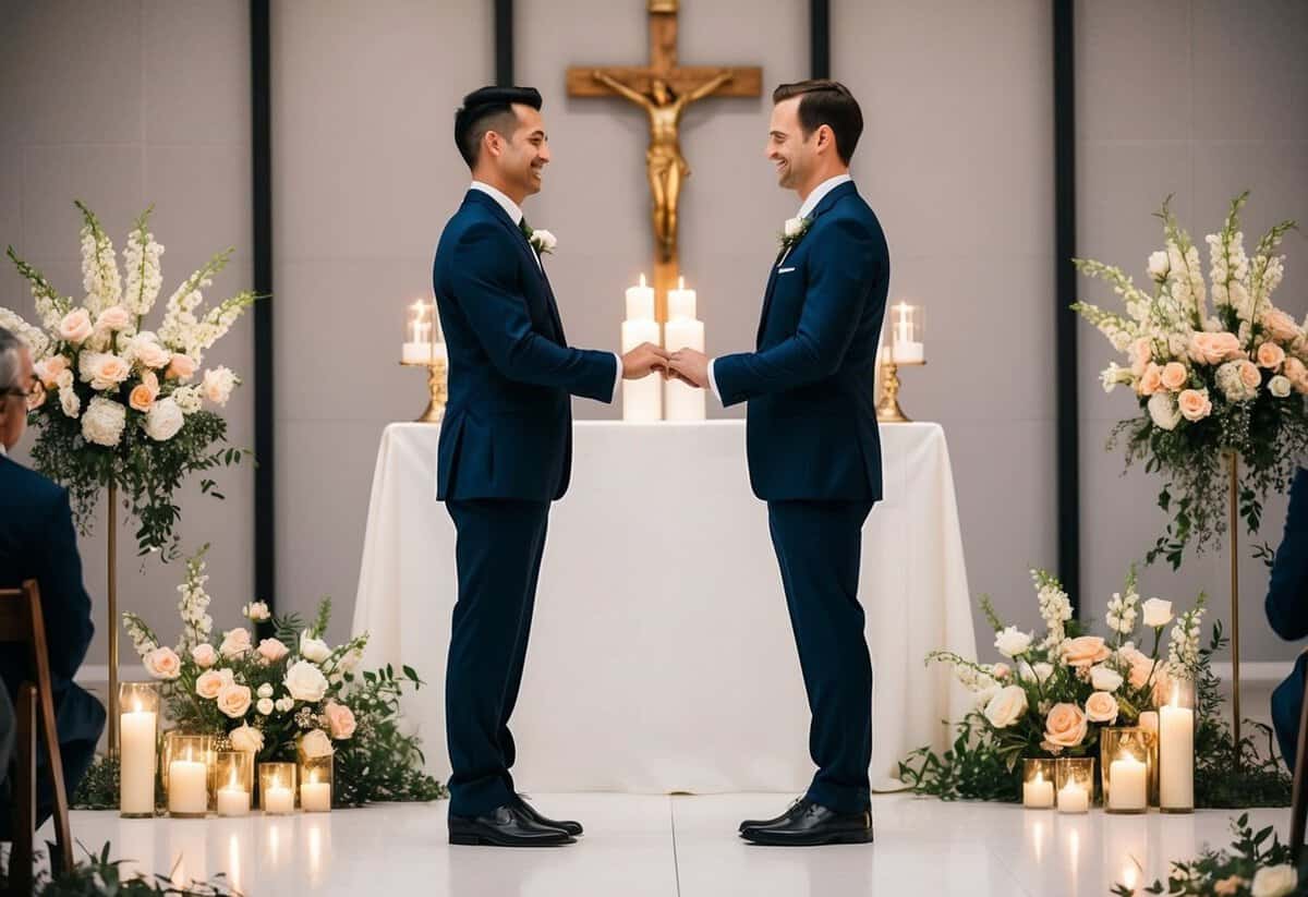 A couple standing facing each other, surrounded by flowers and candles, exchanging vows at an altar