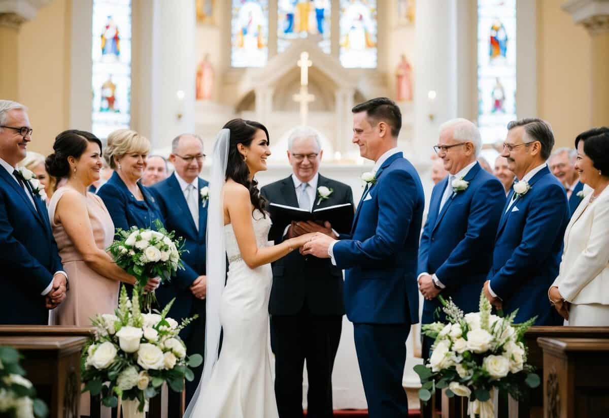 A couple standing at the altar, surrounded by family and friends, exchanging vows and rings in a beautiful ceremony