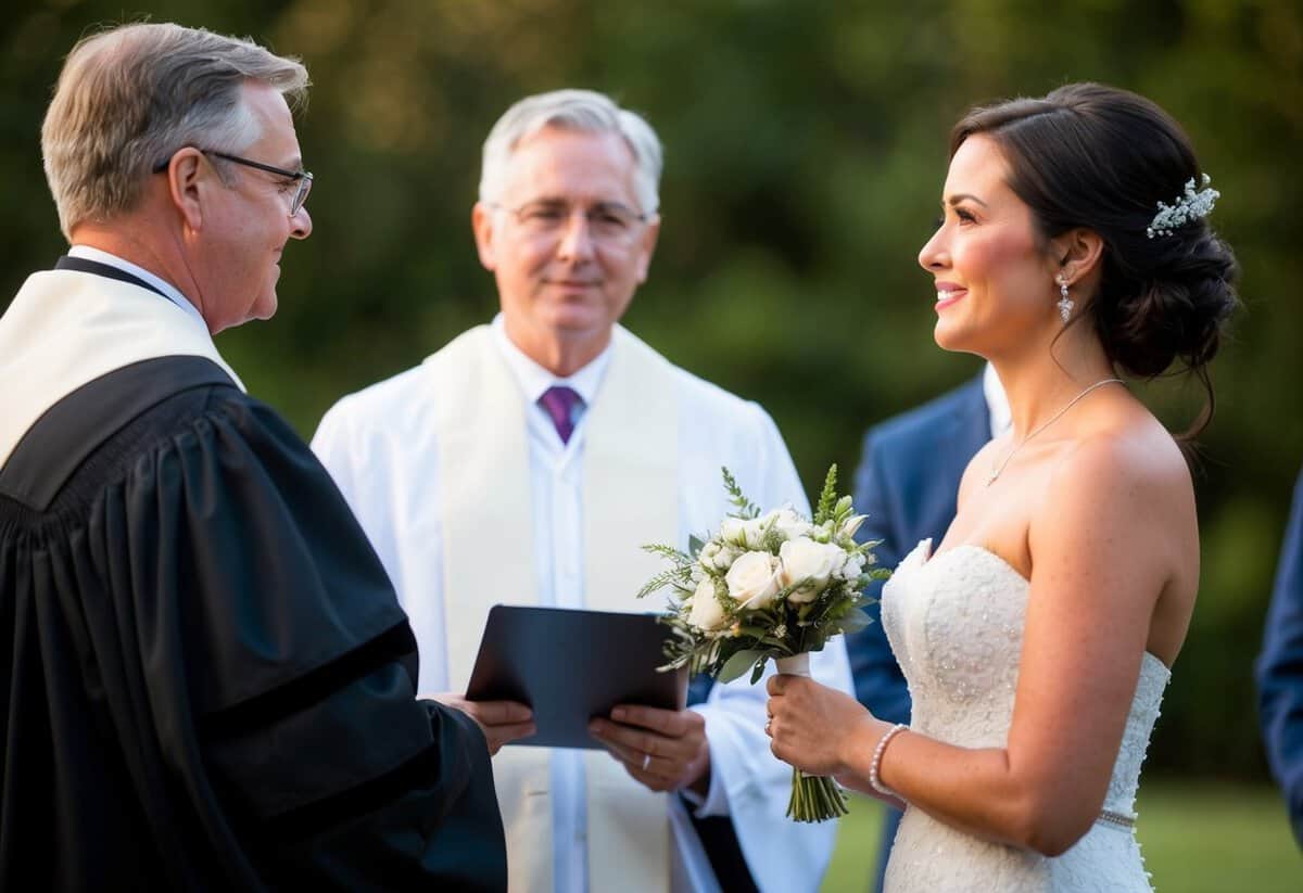 A woman stands before a minister, holding a small bouquet, as she looks into her partner's eyes and says "I do" first