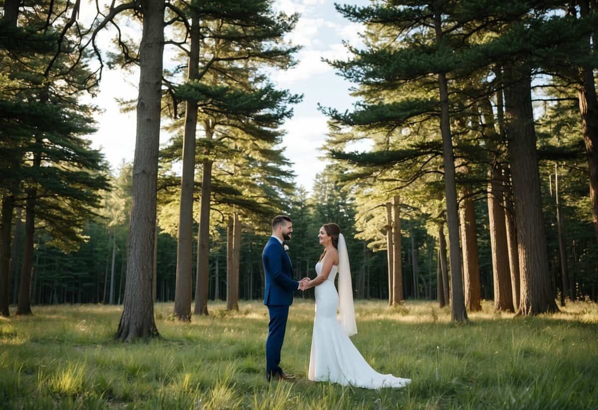 A couple stands alone in a forest clearing, surrounded by tall trees and dappled sunlight, exchanging vows in an intimate and private ceremony