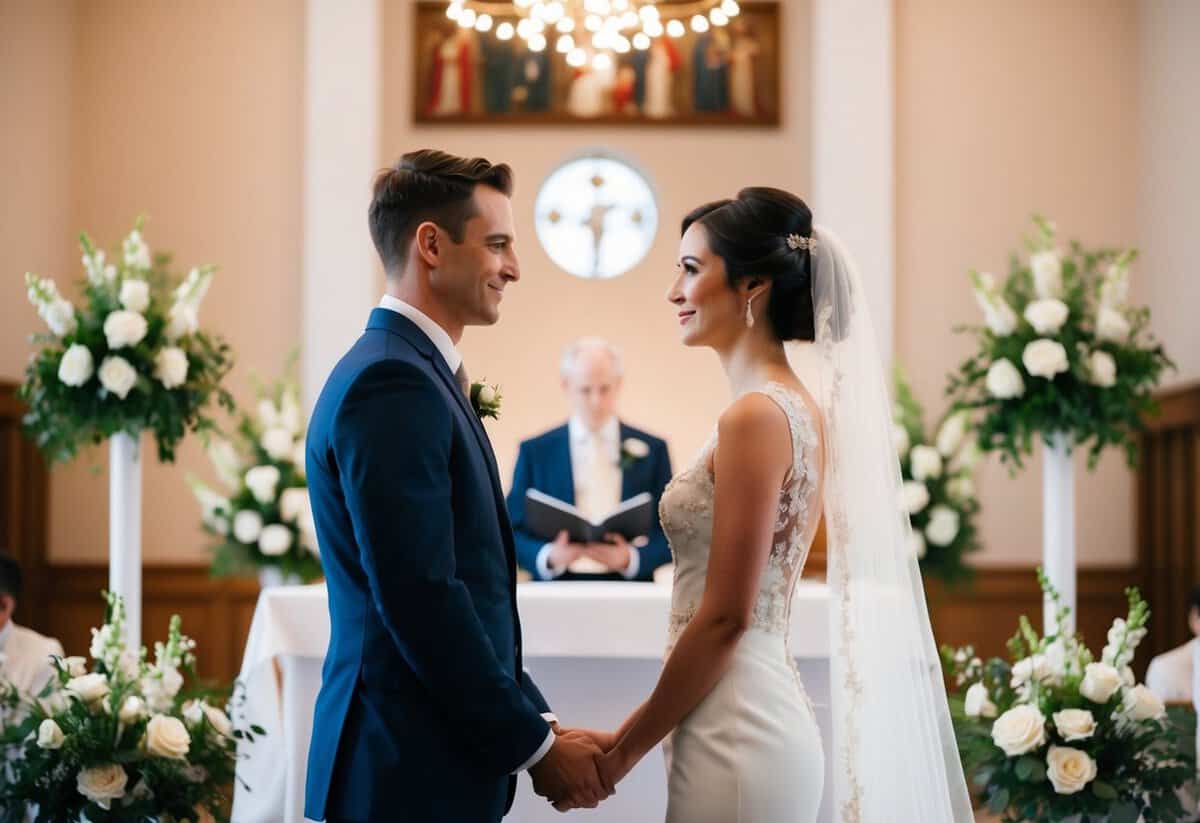 A couple standing at the altar, facing each other, with a serene and intimate atmosphere
