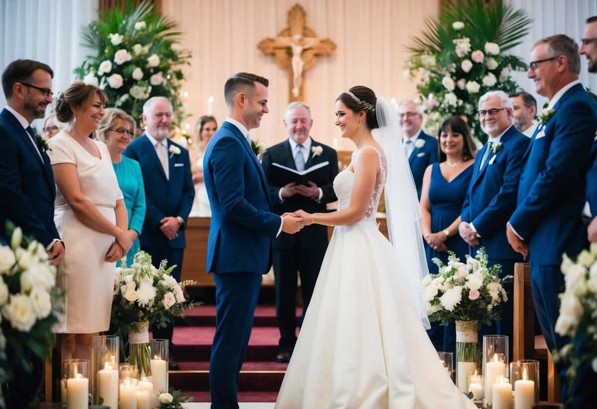 A bride stands at the altar, surrounded by flowers and candles, as she exchanges vows with her partner in front of a crowd of family and friends