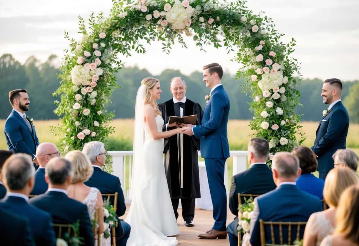 A couple stands before an officiant under a floral arch, exchanging vows. The ceremony structure includes seating for guests and an altar